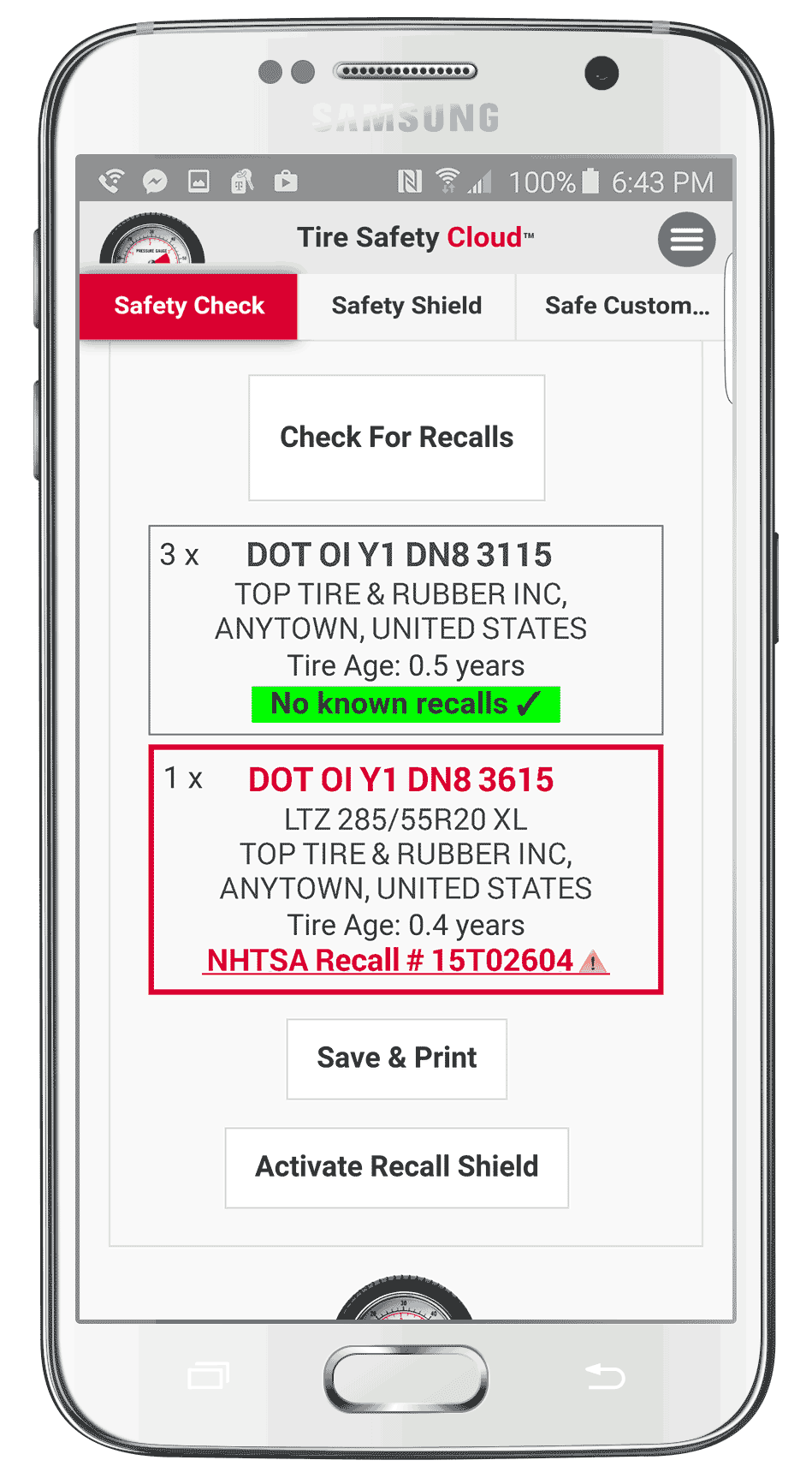 Tire Safety Check Example Result